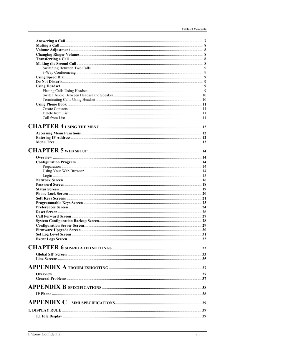 Chapter 4, Chapter 5, Chapter 6 | Appendix a, Appendix b, Appendix c | IPitomy IP550 User Manual Ver.1 User Manual | Page 3 / 117
