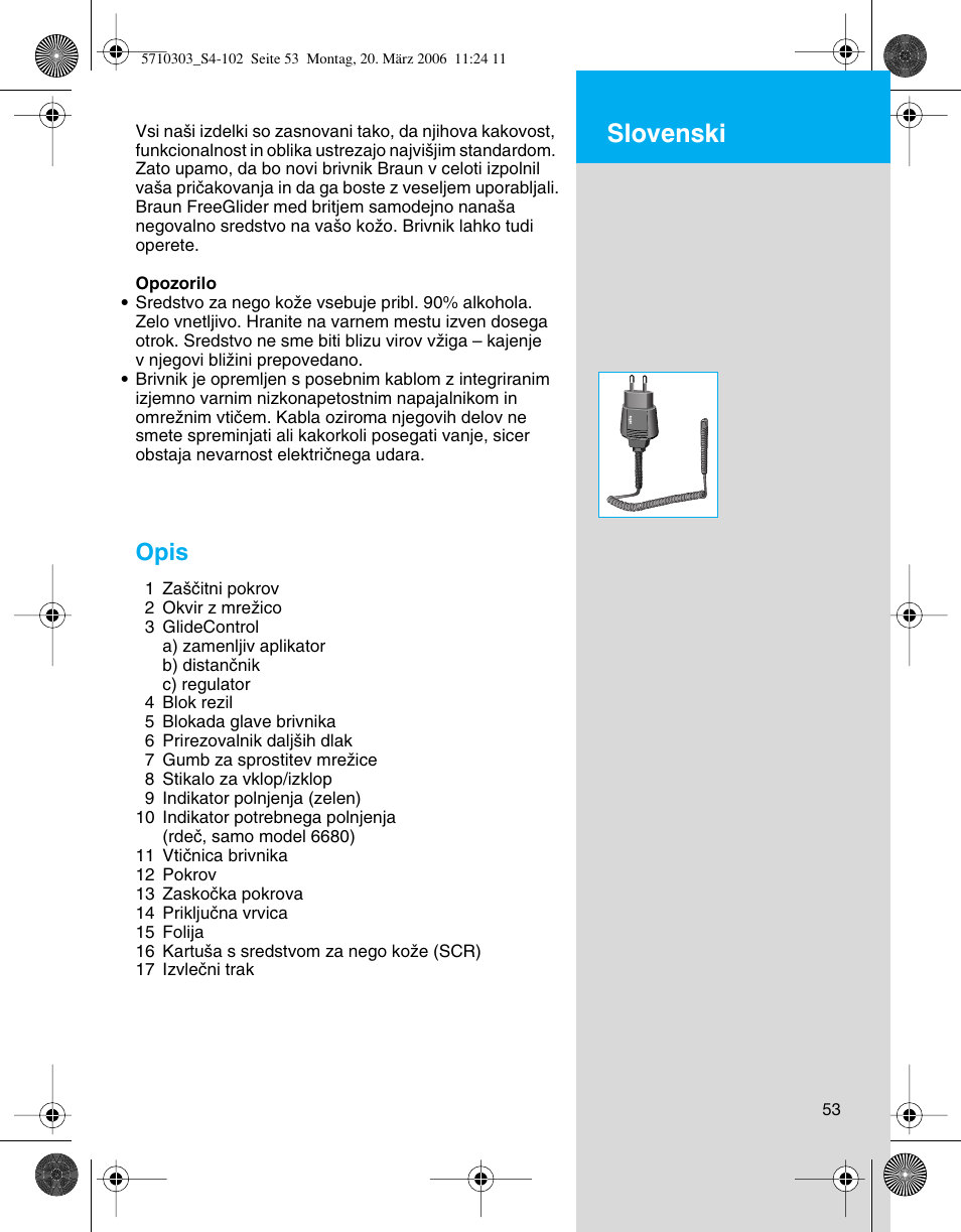 Slovenski, Opis | Braun 6620 User Manual | Page 53 / 99
