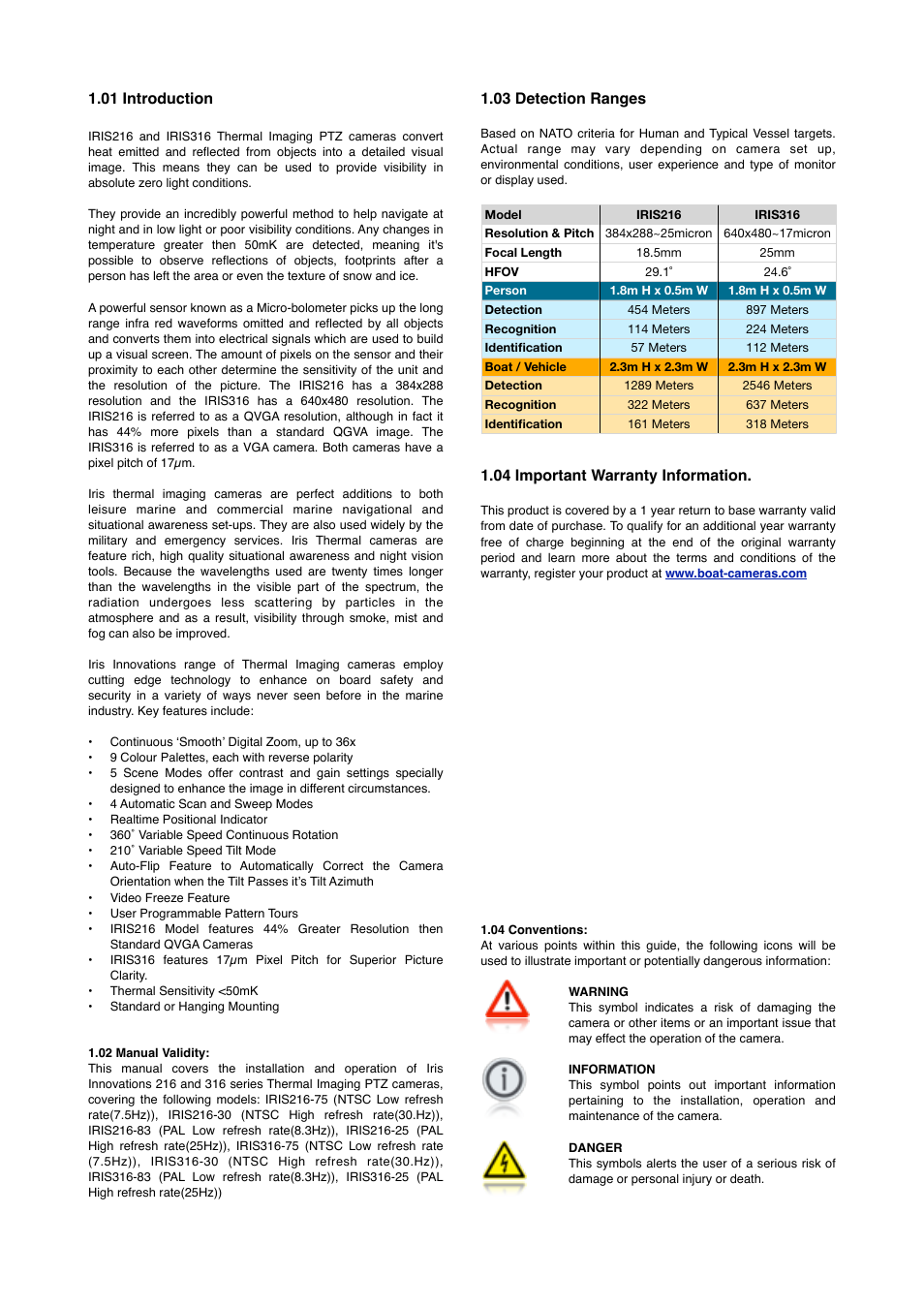 01 introduction, 03 detection ranges, 04 important warranty information | I.R.I.S. 316 User Manual | Page 3 / 16