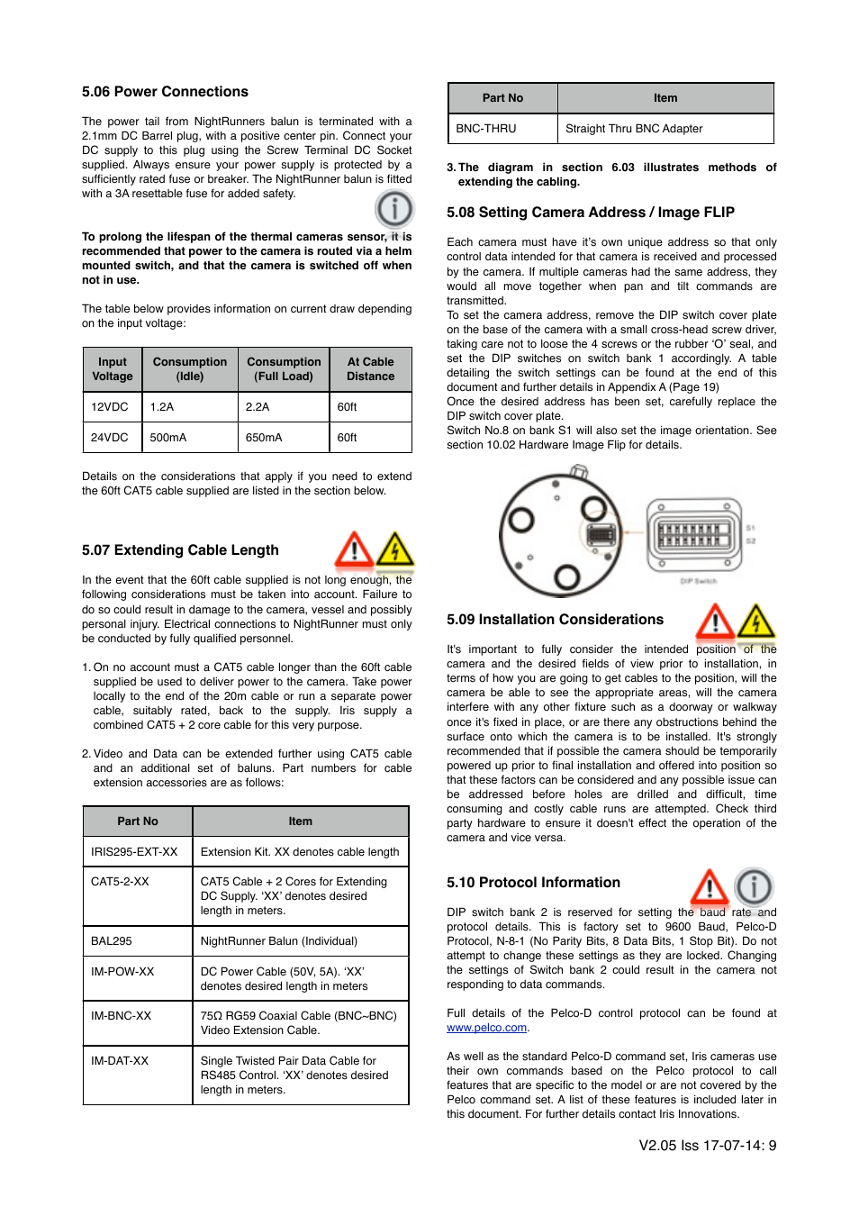 06 power connections, 07 extending cable length, 08 setting camera address / image flip | 09 installation considerations, 10 protocol information | I.R.I.S. 295 User Manual | Page 9 / 22