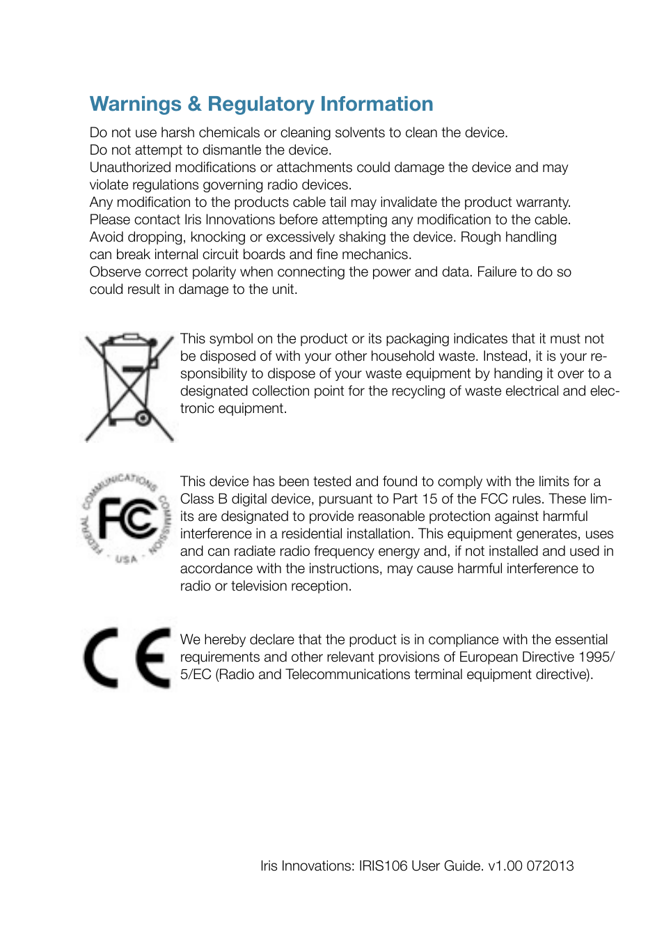 Warnings & regulatory information | I.R.I.S. 106 User Manual | Page 2 / 16