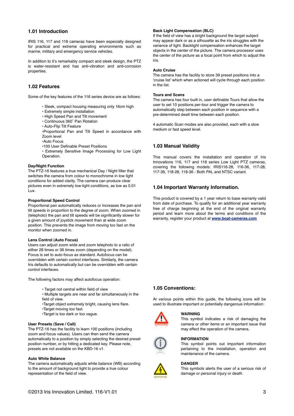 01 introduction, 02 features, 03 manual validity | 04 important warranty information, 05 conventions | I.R.I.S. 118 User Manual | Page 3 / 16