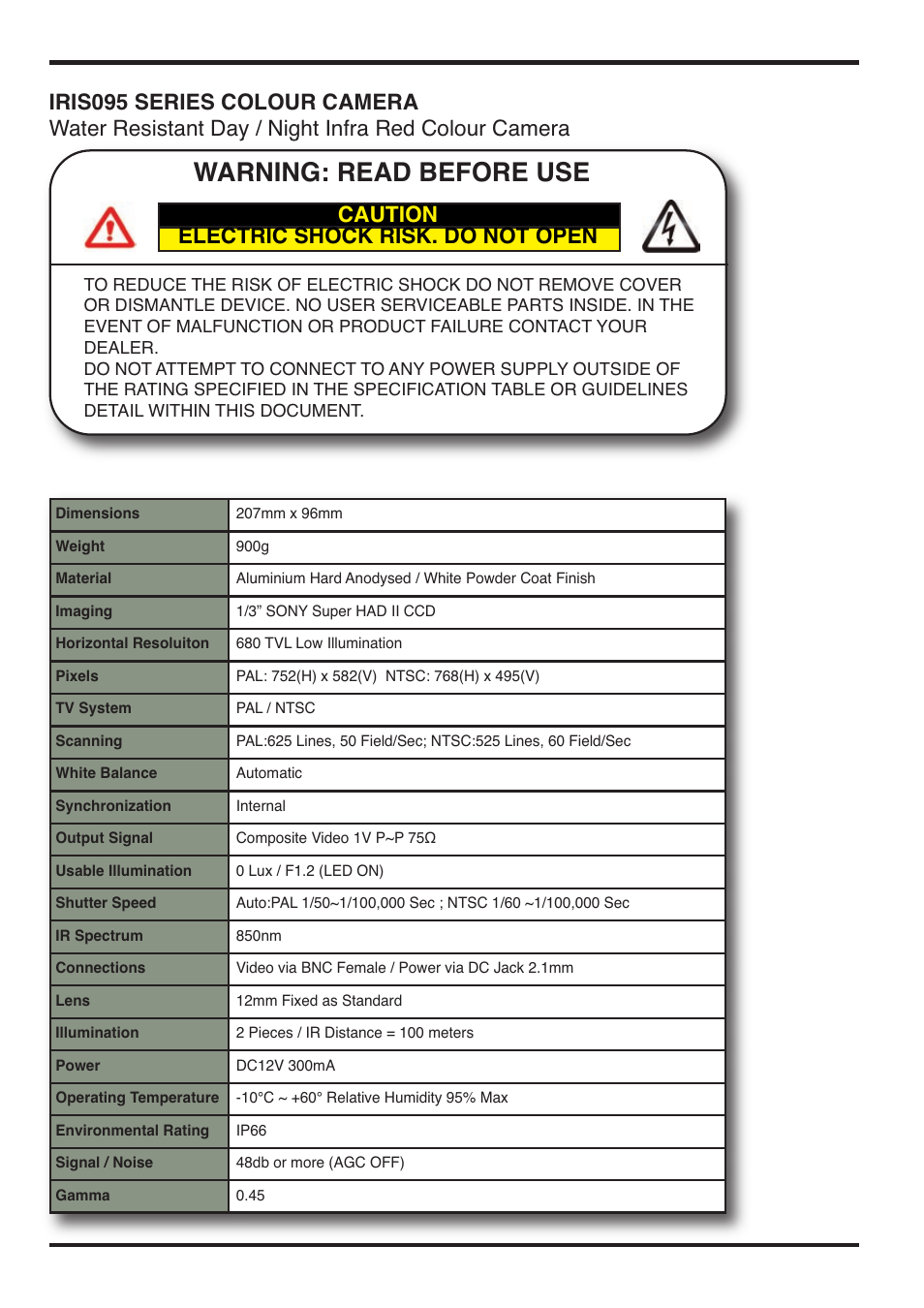 Warning: read before use, Caution electric shock risk. do not open | I.R.I.S. 095 User Manual | Page 2 / 4