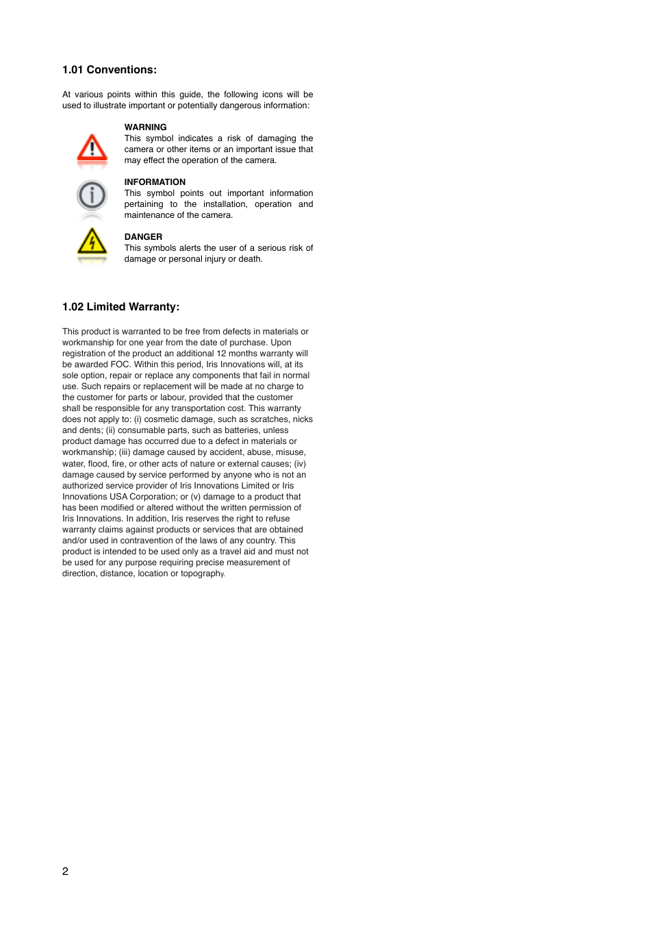 01 conventions, 02 limited warranty | I.R.I.S. 606 6 Channel / 2 Output Switcher User Manual | Page 2 / 8
