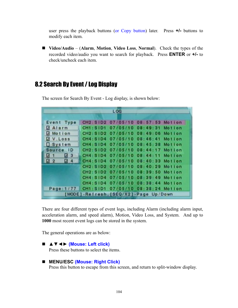 2 search by event / log display | I.R.I.S. 808 Digital Video Recorder User Manual | Page 104 / 147