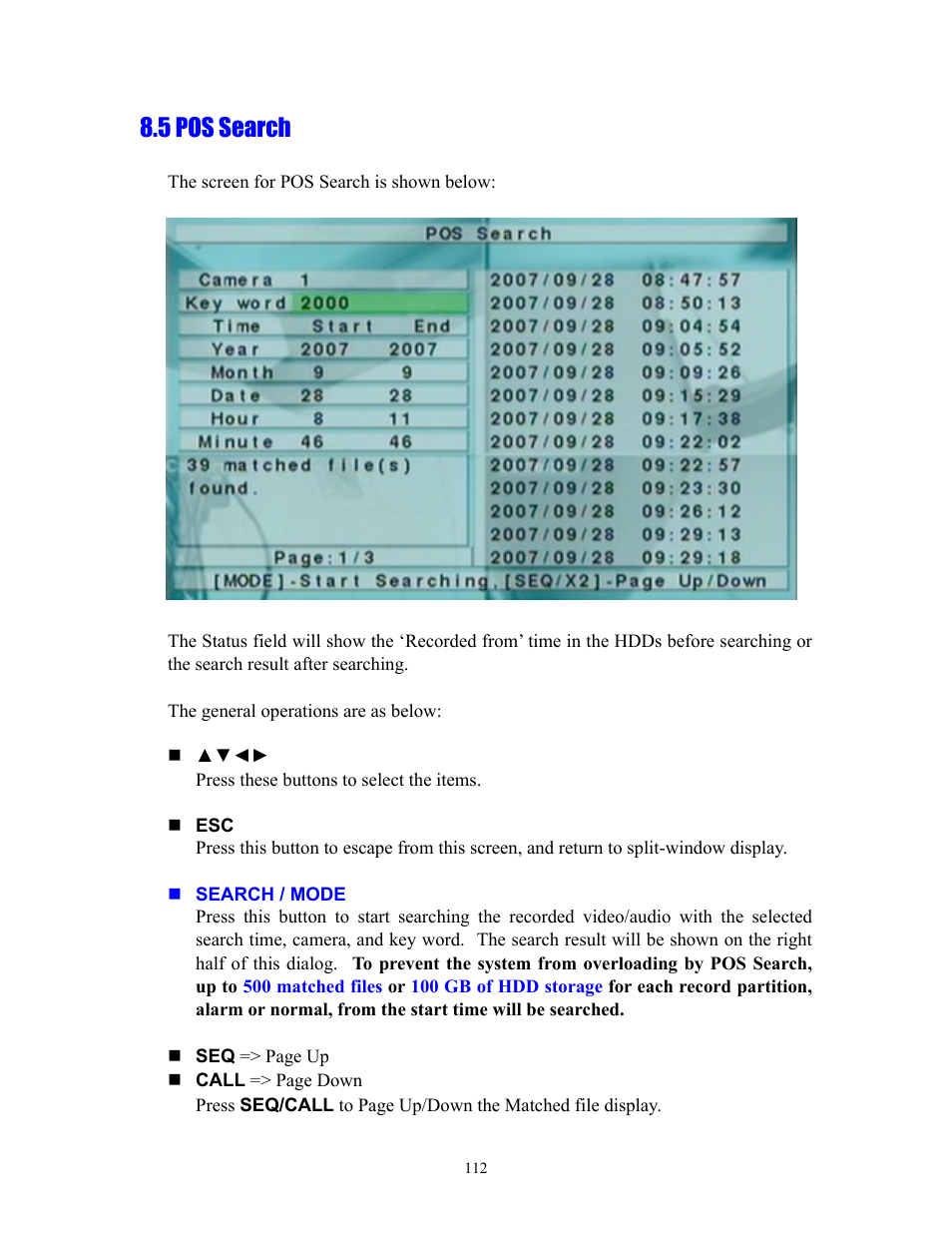 5 pos search | I.R.I.S. 808 Digital Video Recorder User Manual | Page 112 / 147