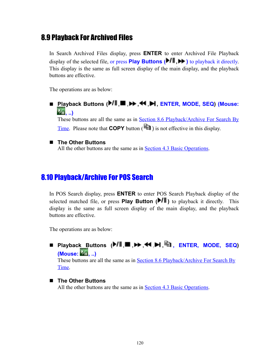 8 playback for archived files, Section 8.10 playback/archive for, Pos search | 9 playback for archived files, 10 playback/archive for pos search | I.R.I.S. 808 Digital Video Recorder User Manual | Page 120 / 147