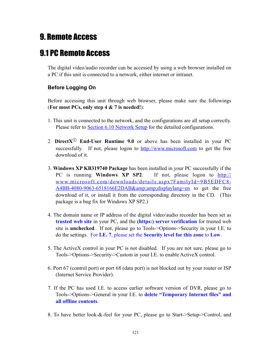 Remote access, 1 pc remote access, Remote access 9.1 pc remote access | I.R.I.S. 808 Digital Video Recorder User Manual | Page 121 / 147