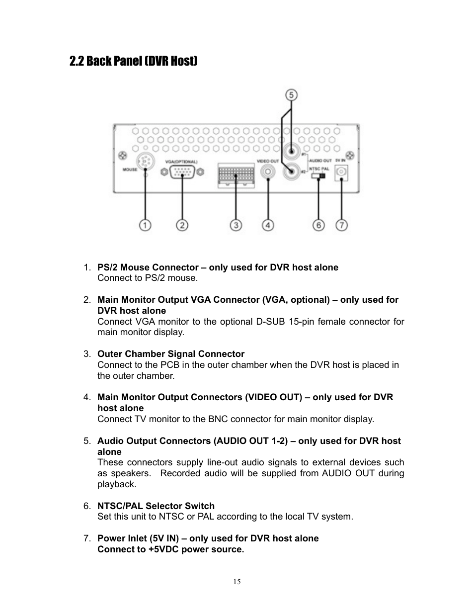 2 back panel (dvr host) | I.R.I.S. 808 Digital Video Recorder User Manual | Page 15 / 147