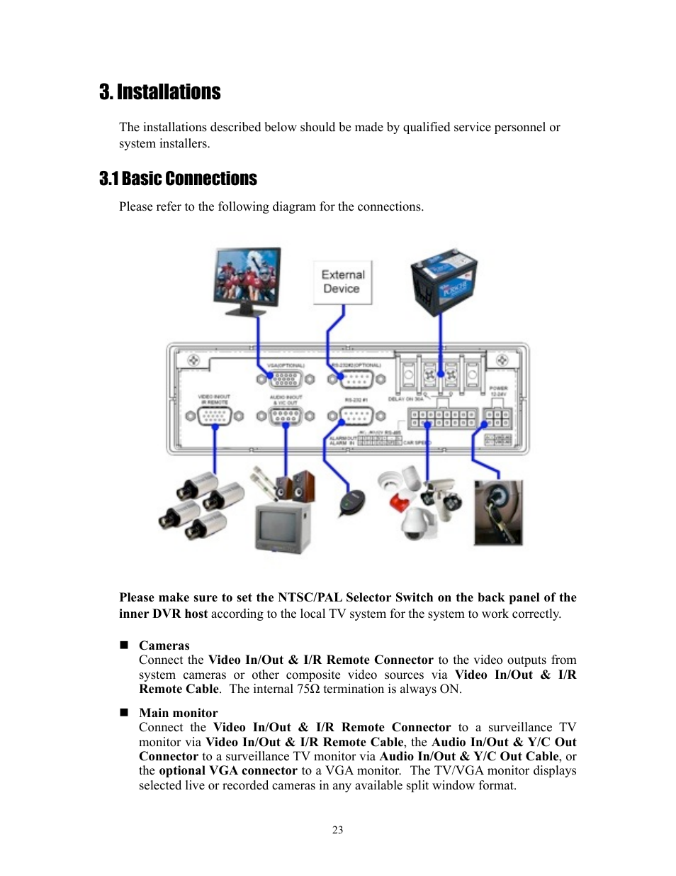 Installations, 1 basic connections | I.R.I.S. 808 Digital Video Recorder User Manual | Page 23 / 147
