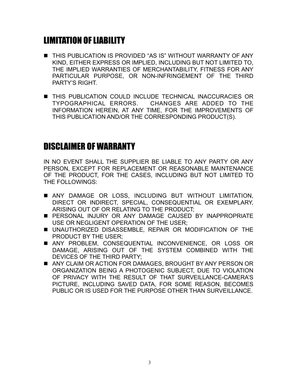 Limitation of liability, Disclaimer of warranty | I.R.I.S. 808 Digital Video Recorder User Manual | Page 3 / 147