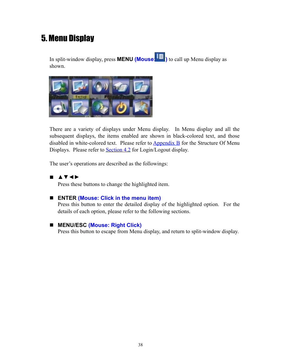 Menu display | I.R.I.S. 808 Digital Video Recorder User Manual | Page 38 / 147