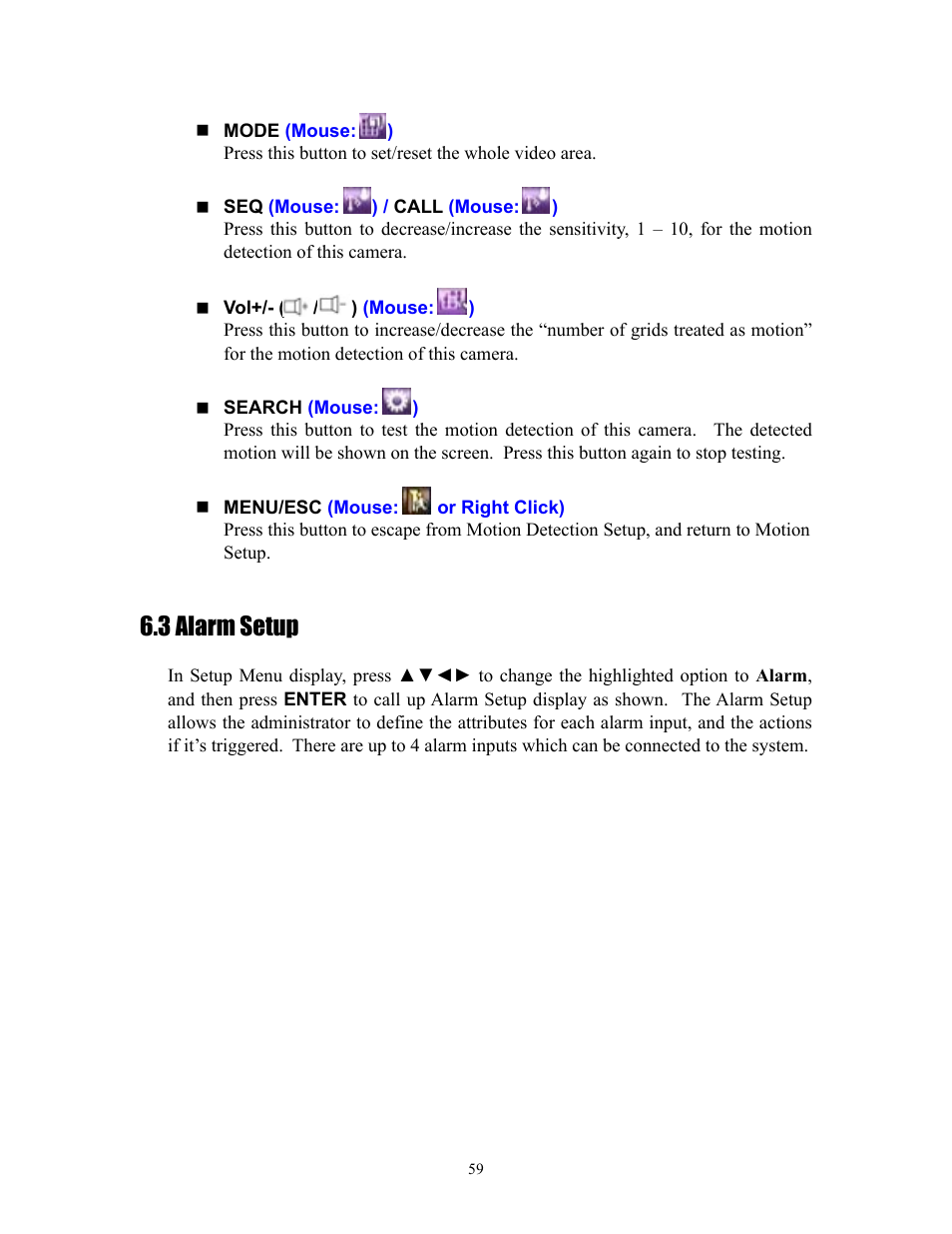 3 alarm setup, Section 6.3 | I.R.I.S. 808 Digital Video Recorder User Manual | Page 59 / 147