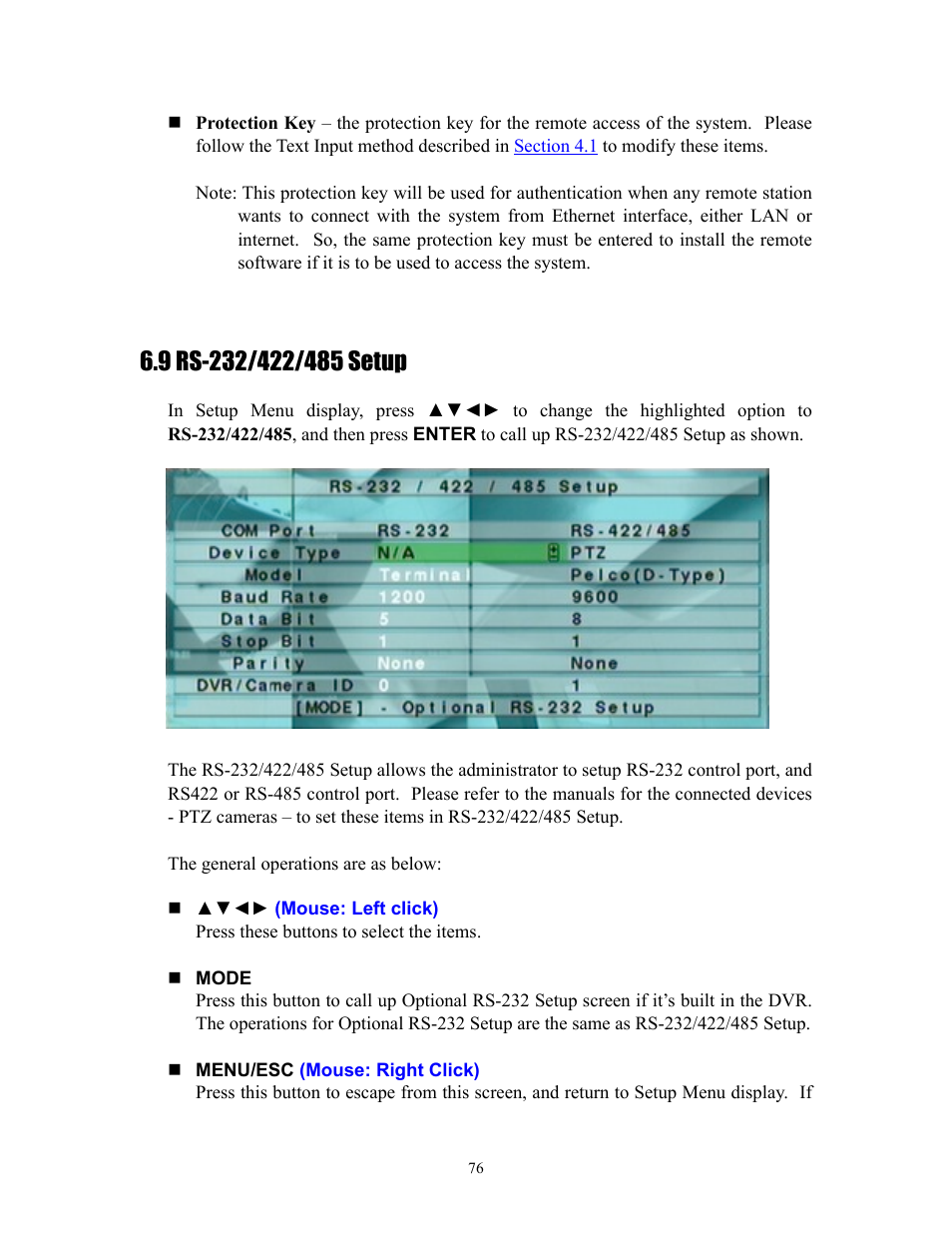 9 rs-232/422/485 setup, Section 6.9 | I.R.I.S. 808 Digital Video Recorder User Manual | Page 76 / 147