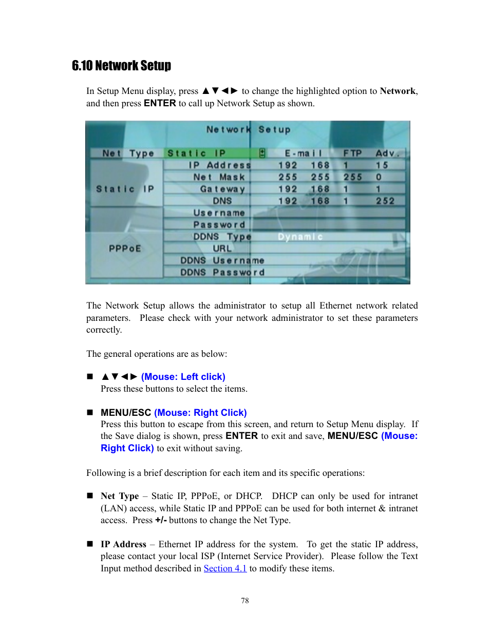 10 network setup, Section 6.10 network setup | I.R.I.S. 808 Digital Video Recorder User Manual | Page 78 / 147