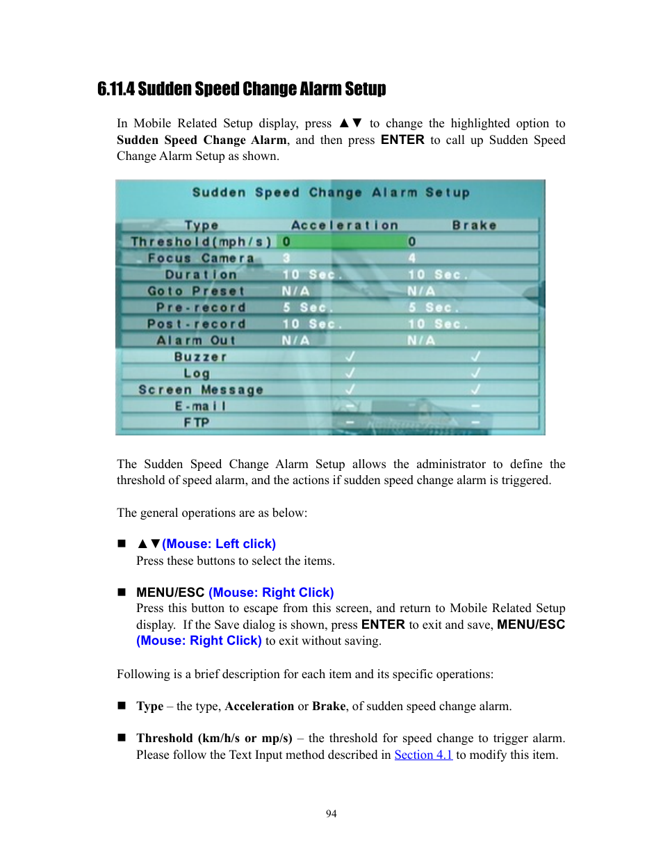 4 sudden speed change alarm setup, 5 delay on/off setup | I.R.I.S. 808 Digital Video Recorder User Manual | Page 94 / 147