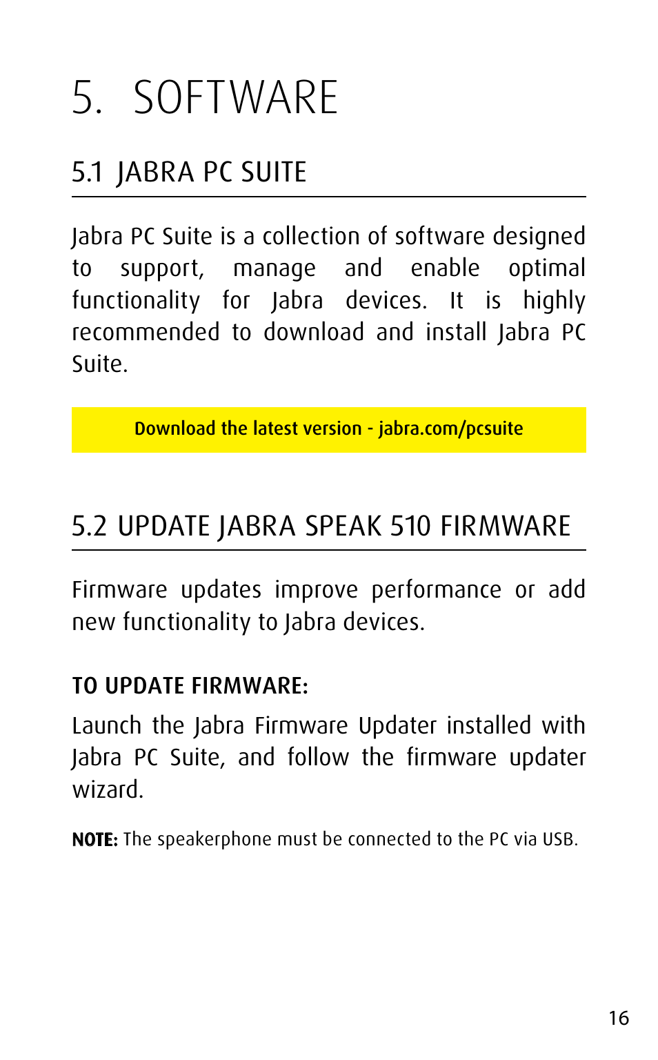 Software, 1 jabra pc suite, 2 update jabra speak 510 firmware | Jabra speak 510 User Manual | Page 16 / 22