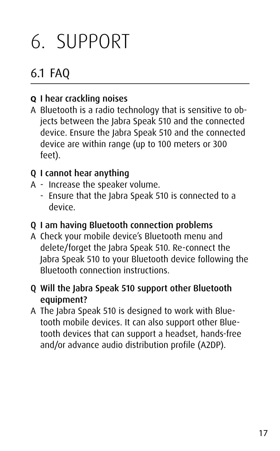 Support, 1 faq, English | Jabra speak 510 User Manual | Page 17 / 22