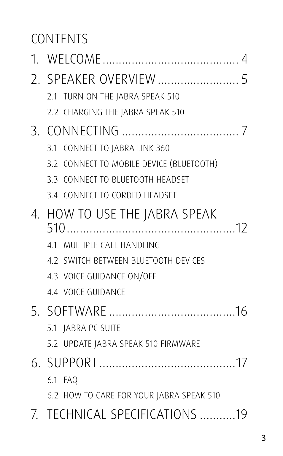 Contents 1. welcome 2. speaker overview, Connecting, How to use the jabra speak 510 | Software, Support, Technical specifications | Jabra speak 510 User Manual | Page 3 / 22