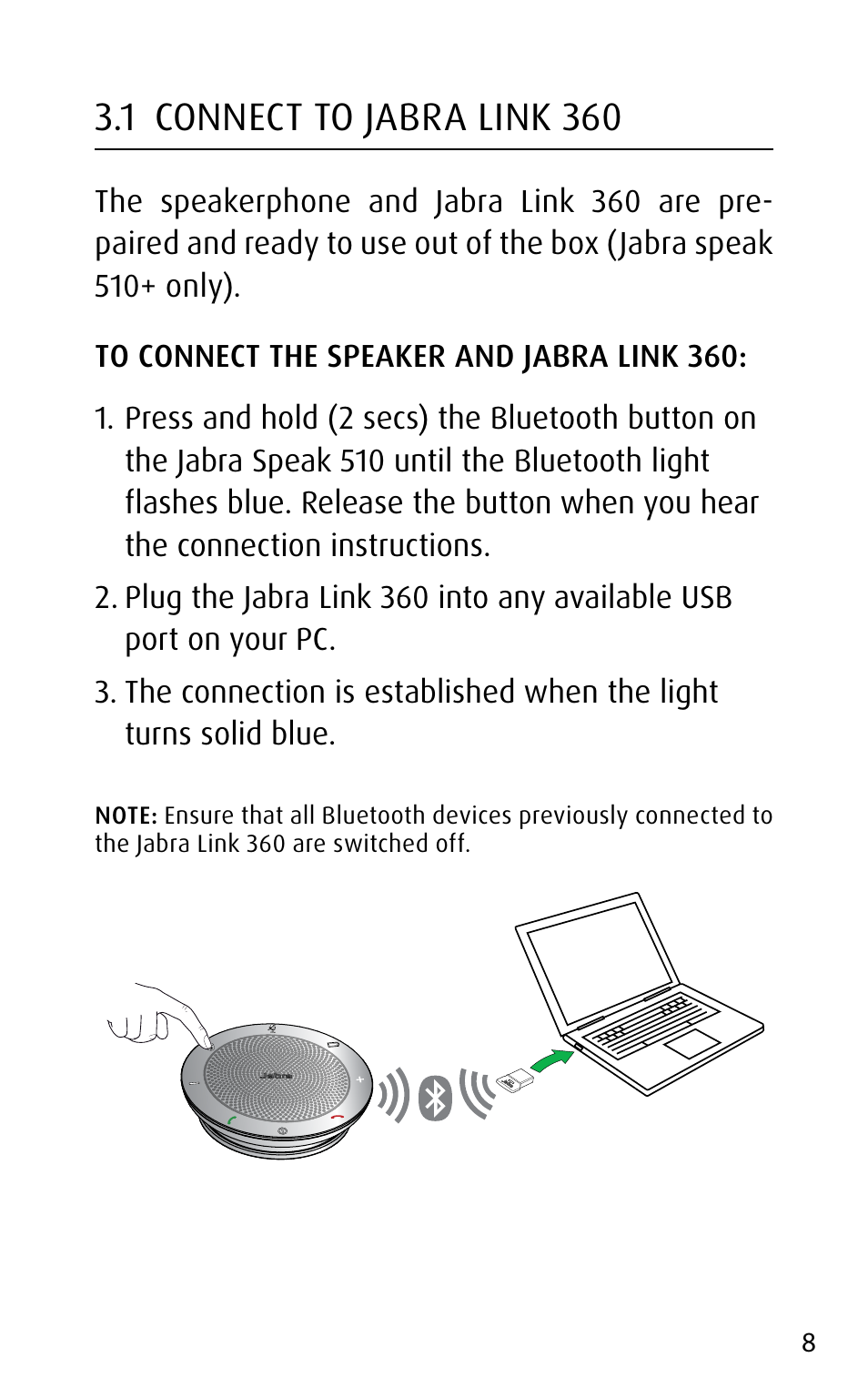 1 connect to jabra link 360, English | Jabra speak 510 User Manual | Page 8 / 22