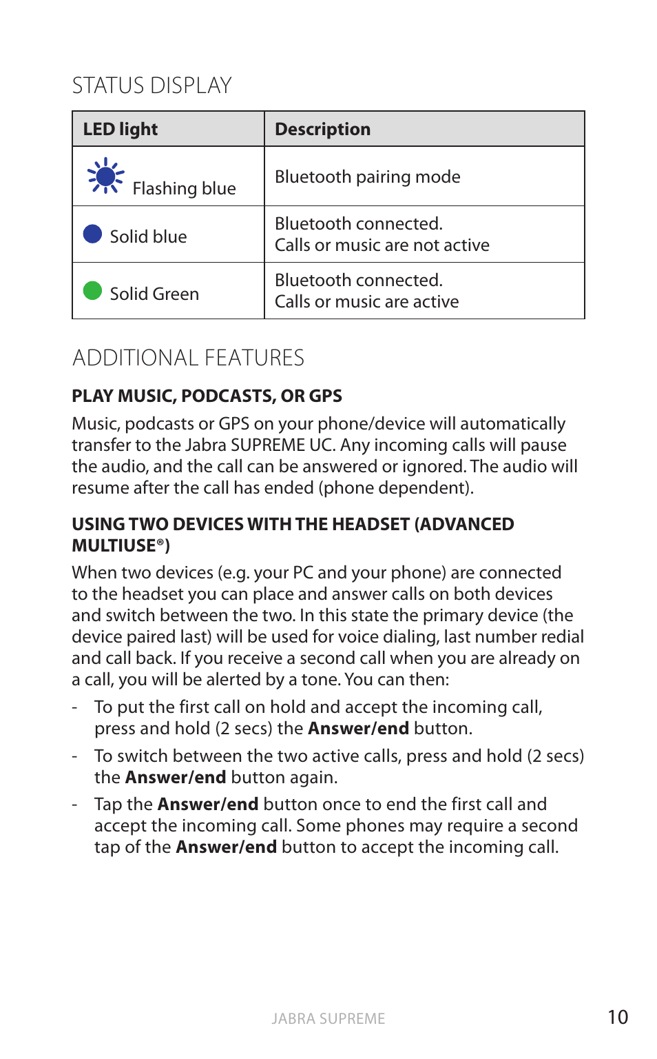 English, Status display, Additional features | Jabra SUPREME UC User Manual | Page 11 / 18