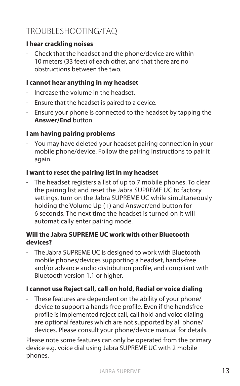 English, Troubleshooting/faq | Jabra SUPREME UC User Manual | Page 14 / 18