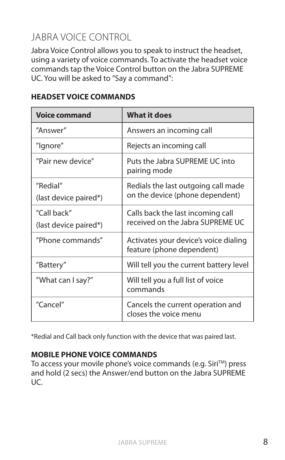 English, Jabra voice control | Jabra SUPREME UC User Manual | Page 9 / 18