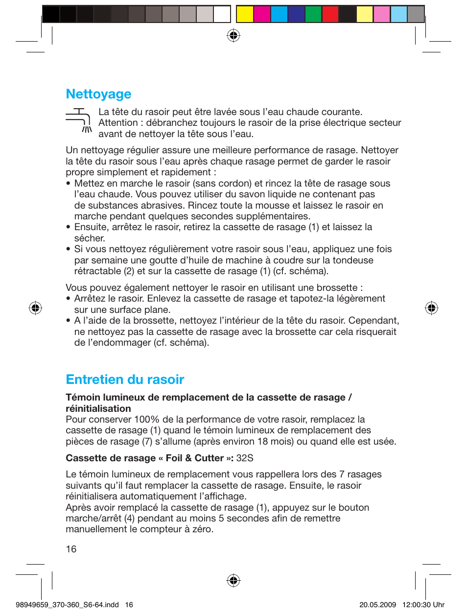 Nettoyage, Entretien du rasoir | Braun 370 User Manual | Page 15 / 61