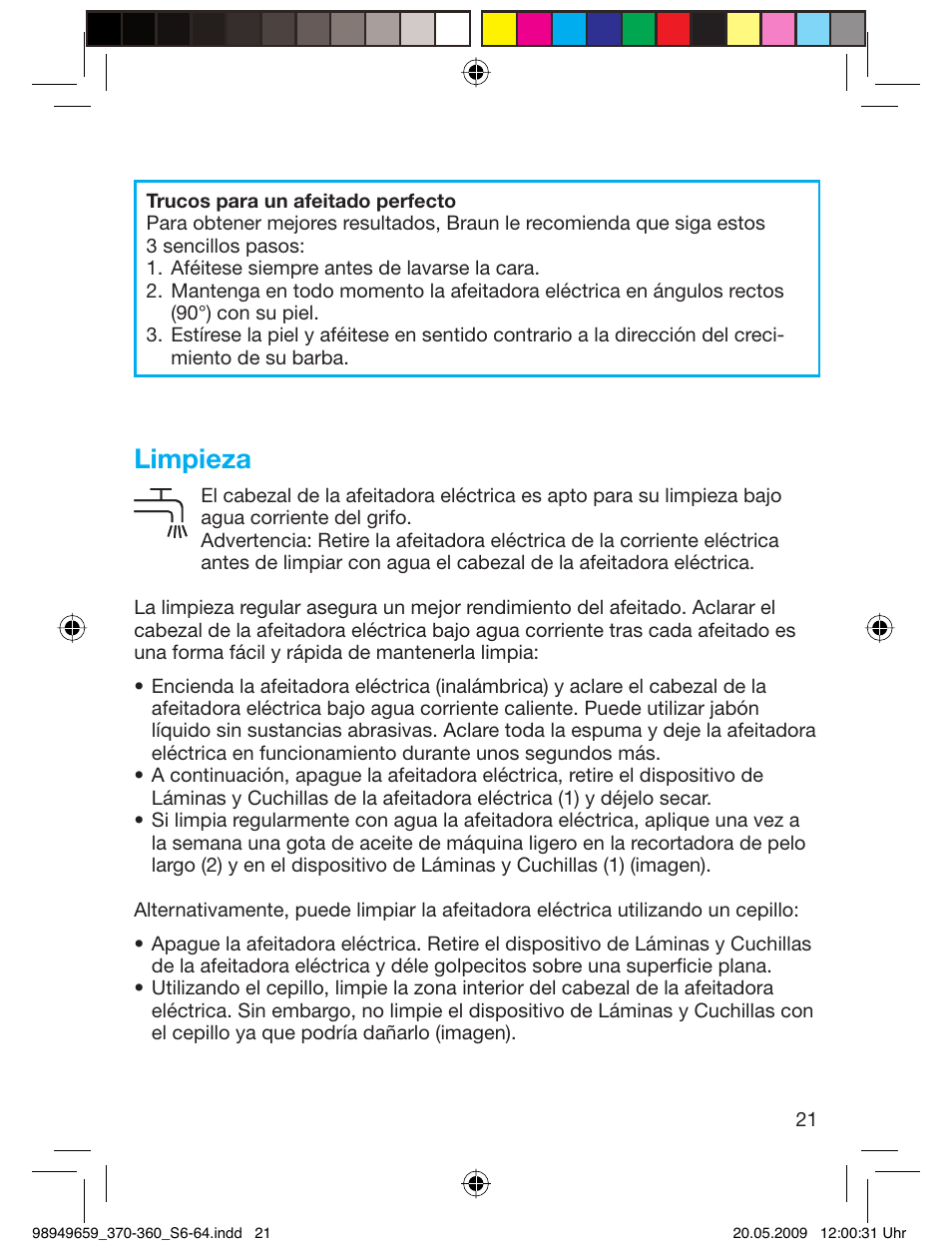 Limpieza | Braun 370 User Manual | Page 20 / 61