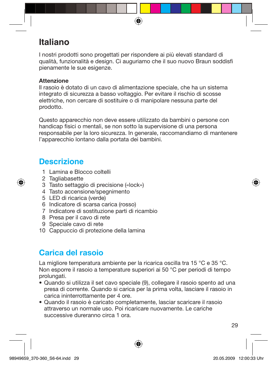 Italiano, Descrizione, Carica del rasoio | Braun 370 User Manual | Page 28 / 61