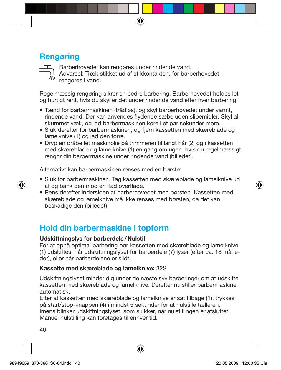 Rengøring, Hold din barbermaskine i topform | Braun 370 User Manual | Page 39 / 61