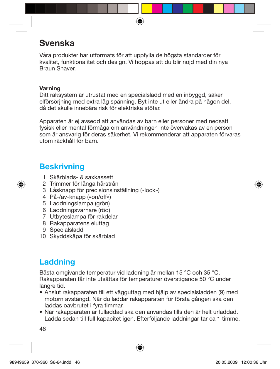 Svenska, Beskrivning, Laddning | Braun 370 User Manual | Page 45 / 61