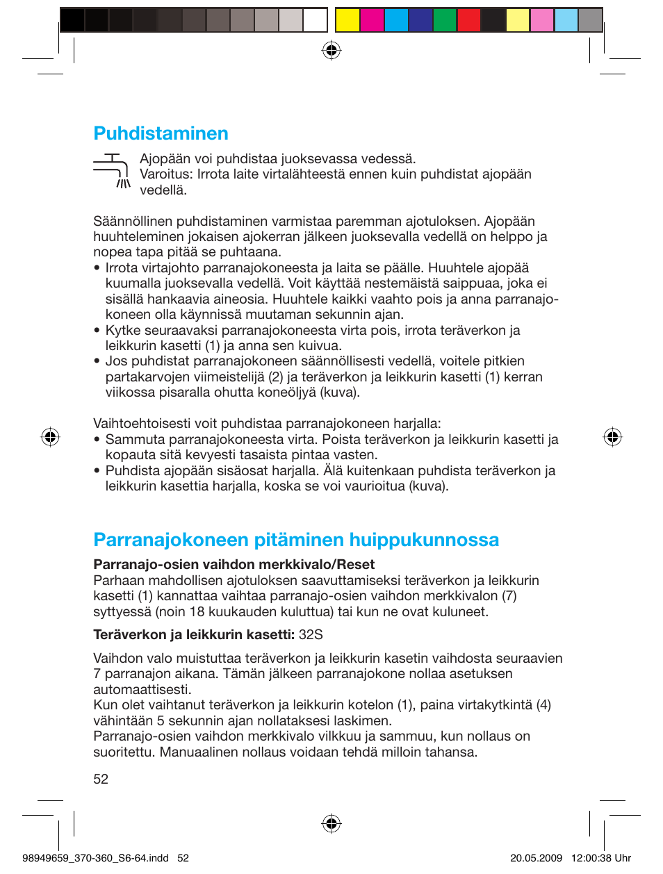 Puhdistaminen, Parranajokoneen pitäminen huippukunnossa | Braun 370 User Manual | Page 51 / 61