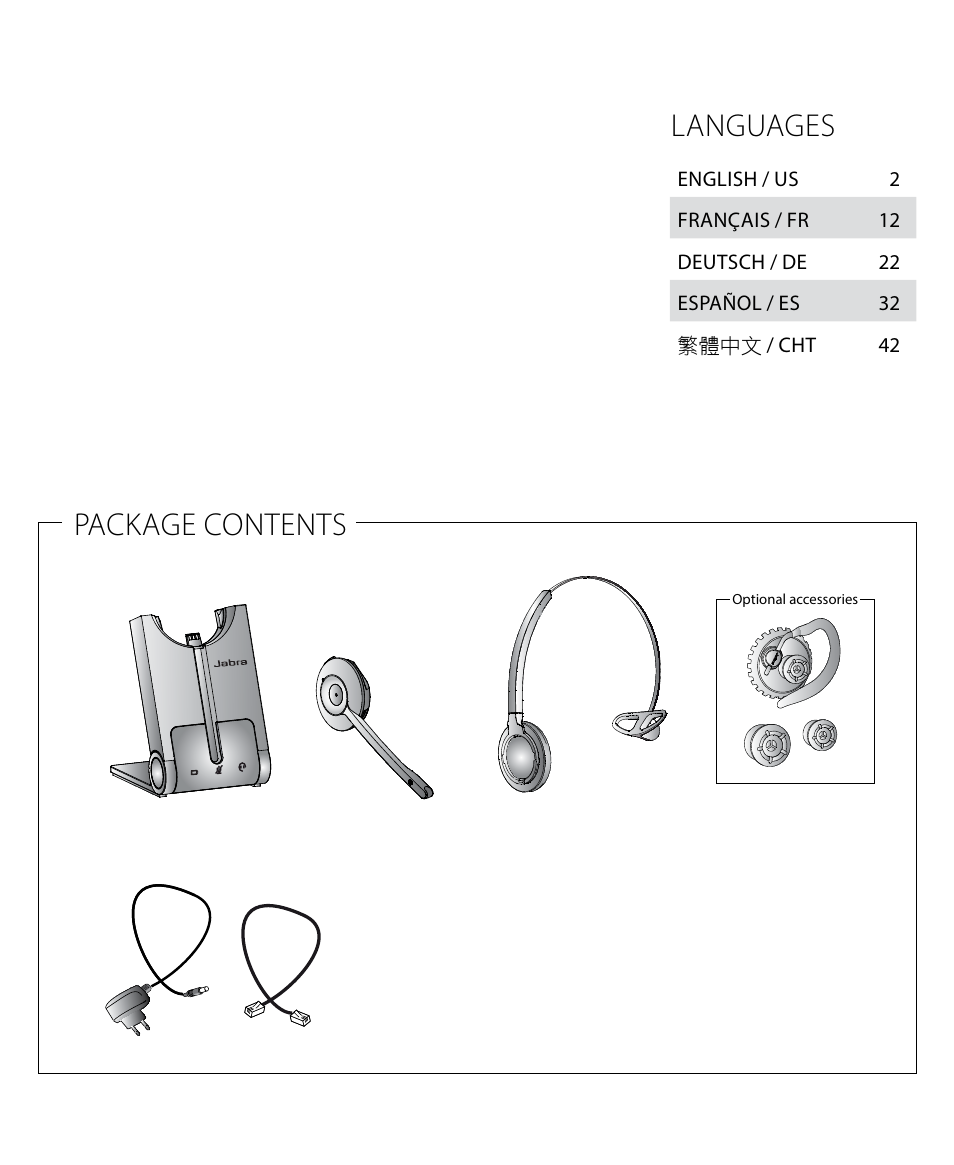 Languages, Package contents | Jabra PRO 920 Quick Start Guide User Manual | Page 5 / 55