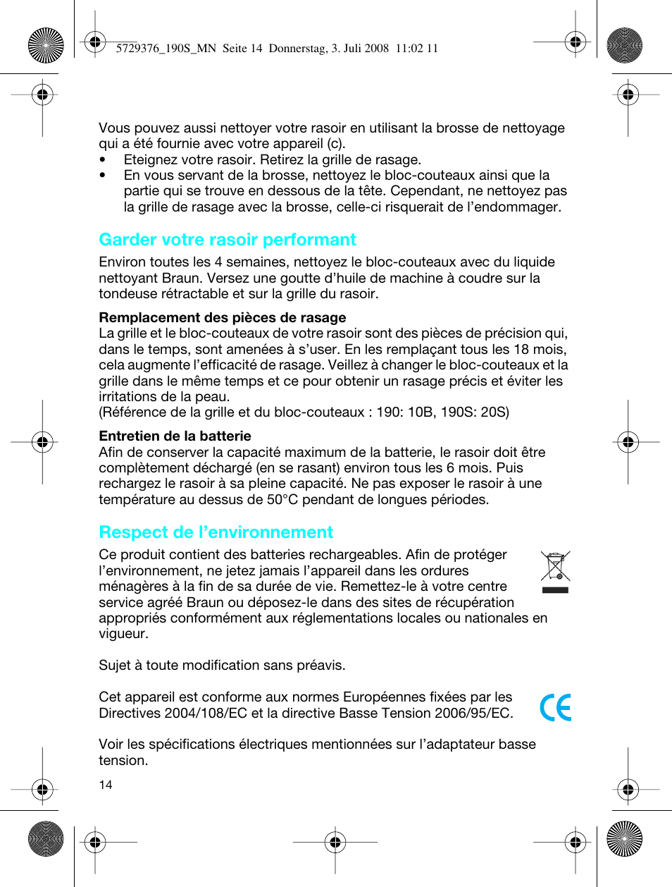 Garder votre rasoir performant, Respect de l’environnement | Braun 190 S User Manual | Page 13 / 51