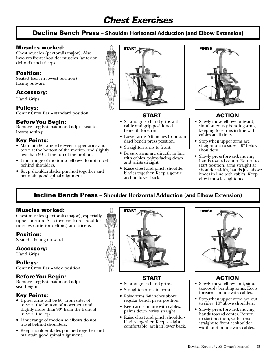 Chest exercises, Decline bench press, Incline bench press | Bowflex Xtreme 2 SE User Manual | Page 25 / 92