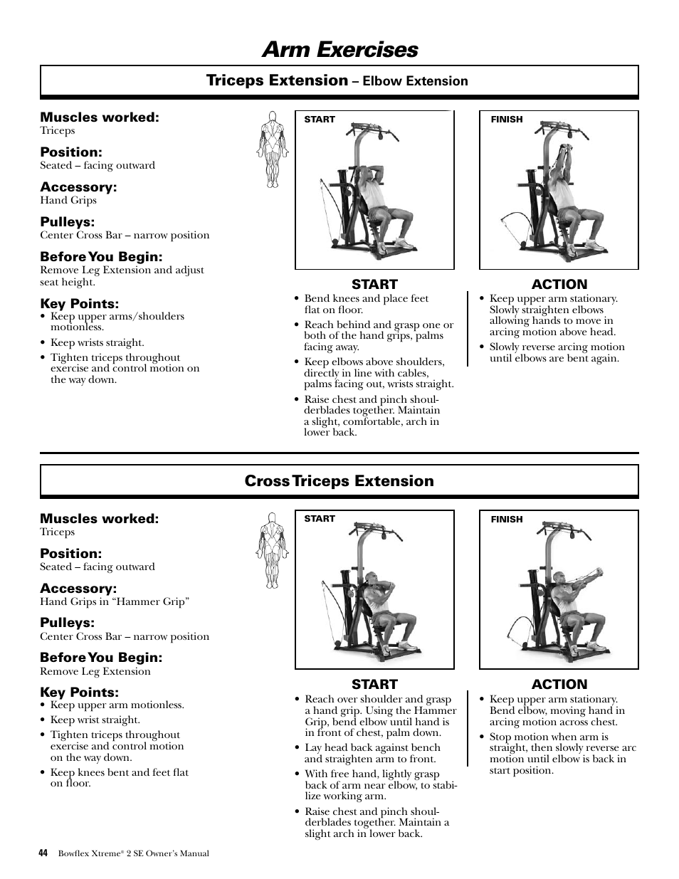 Arm exercises, Cross triceps extension, Triceps extension | Bowflex Xtreme 2 SE User Manual | Page 46 / 92