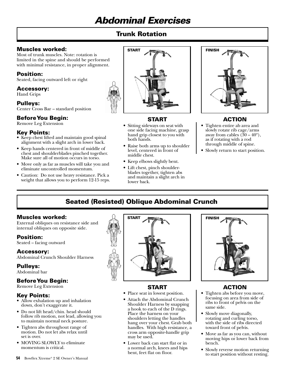 Abdominal exercises, Trunk rotation, Seated (resisted) oblique abdominal crunch | Bowflex Xtreme 2 SE User Manual | Page 56 / 92