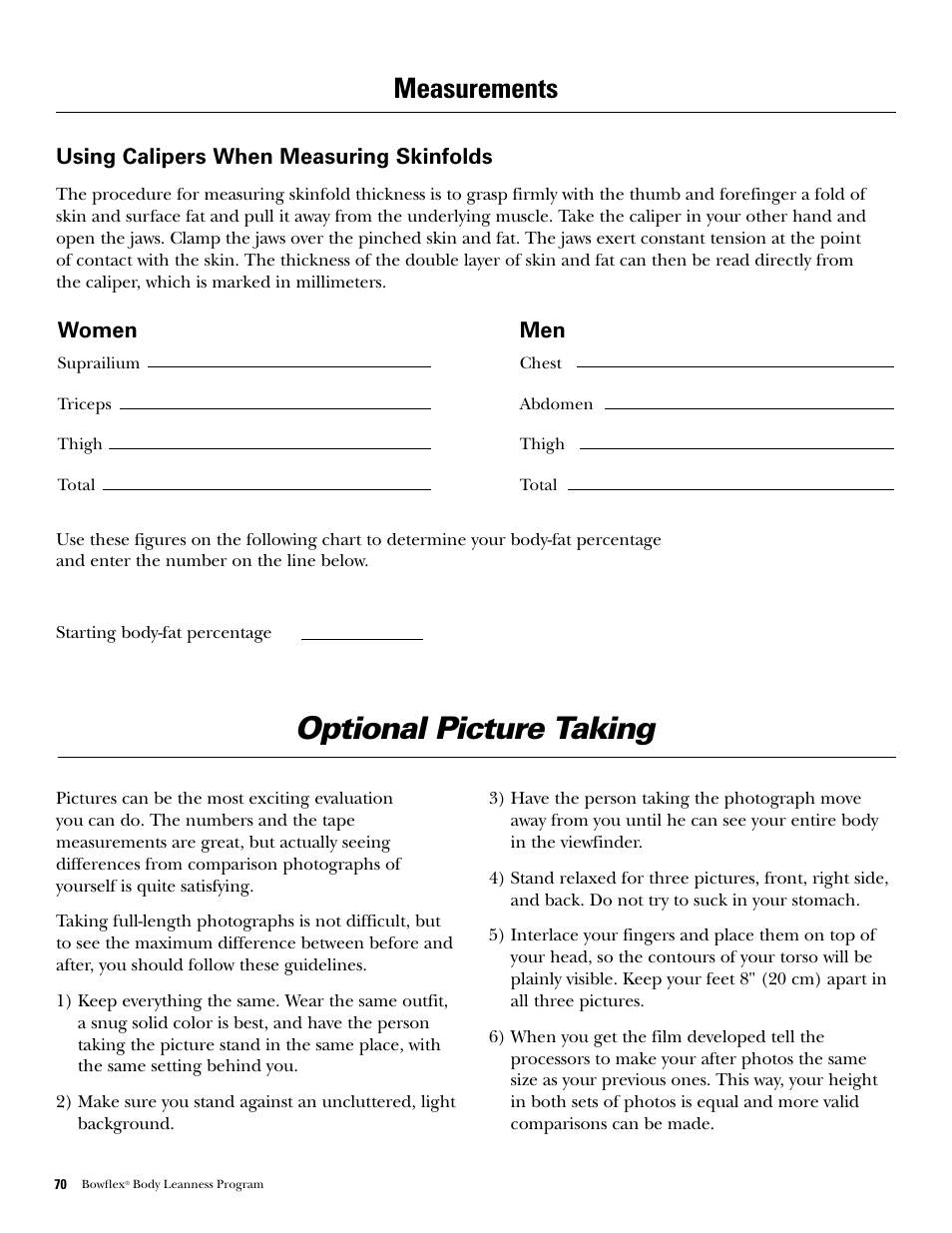 Optional picture taking, Measurements, Using calipers when measuring skinfolds | Women | Bowflex Xtreme 2 SE User Manual | Page 72 / 92