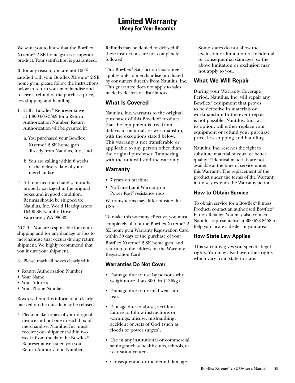Limited warranty, Keep for your records), What is covered | Warranty, What we will repair | Bowflex Xtreme 2 SE User Manual | Page 87 / 92