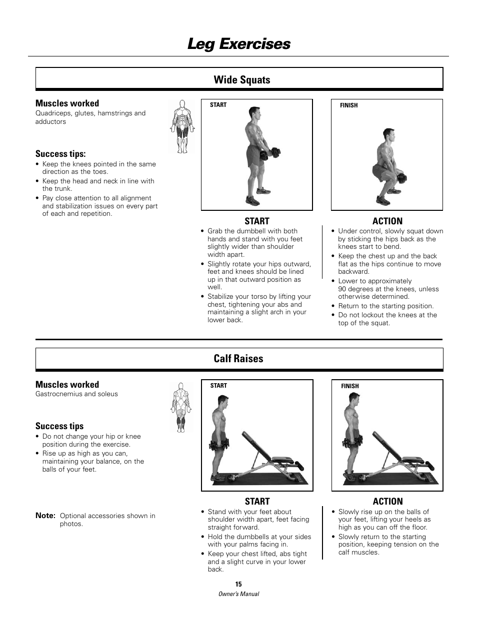 Leg exercises, Wide squats, Calf raises | Bowflex SelectTech BD552 Dumbbells Dumbbells and Stability Ball User Manual | Page 15 / 36
