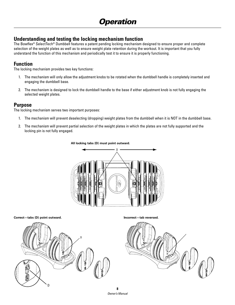 Operation, Function, Purpose | Bowflex SelectTech BD552 Dumbbells Dumbbells and Stability Ball User Manual | Page 8 / 36