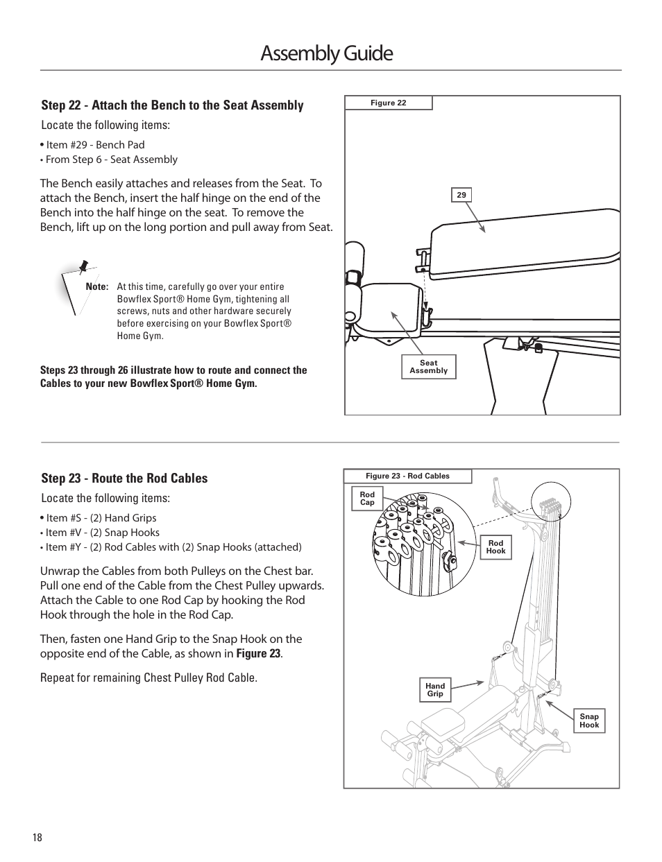 Assembly guide, Step 22 - attach the bench to the seat assembly, Step 23 - route the rod cables | Bowflex Sport Home Gym User Manual | Page 20 / 24