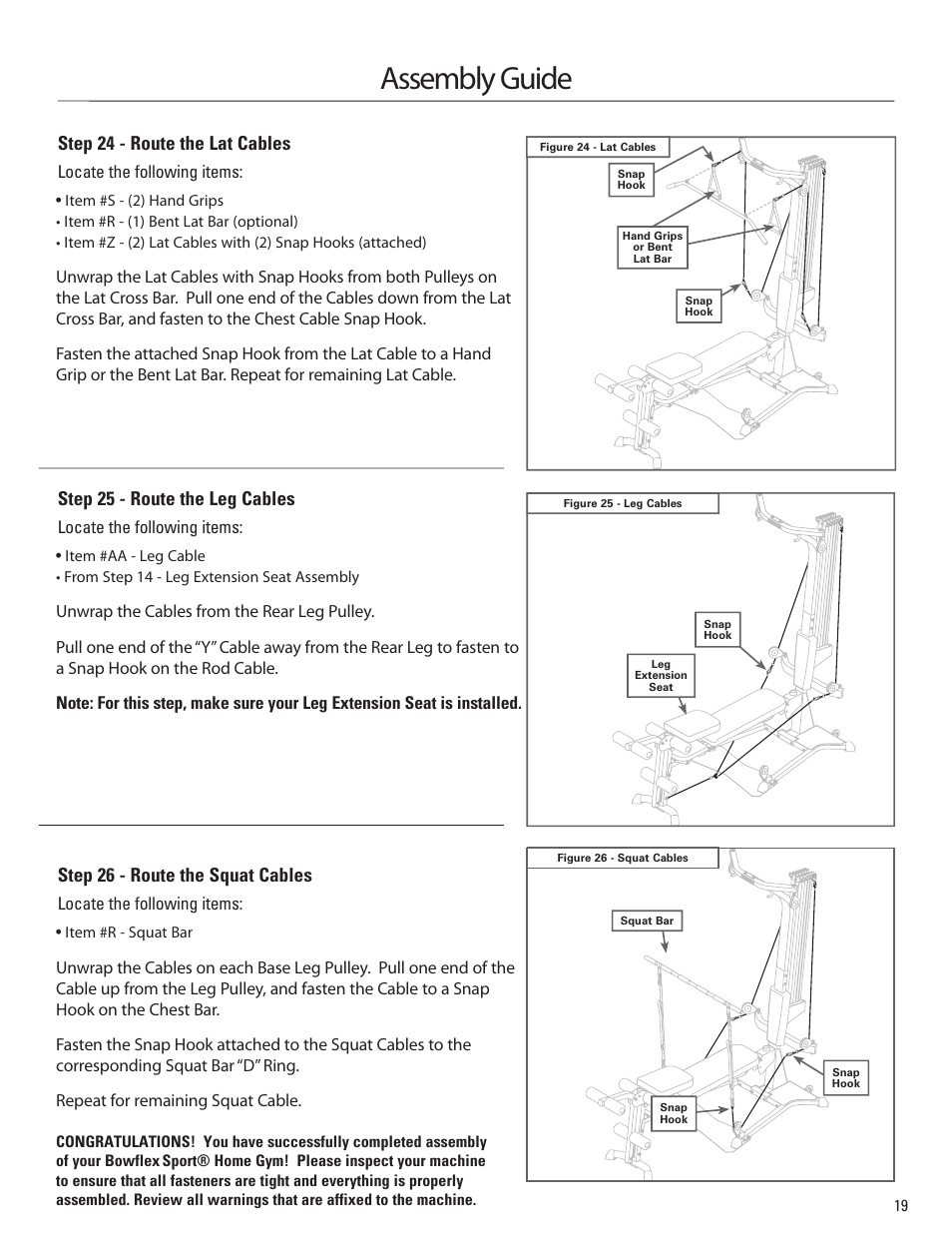 Assembly guide, Step 24 - route the lat cables, Step 25 - route the leg cables | Step 26 - route the squat cables | Bowflex Sport Home Gym User Manual | Page 21 / 24