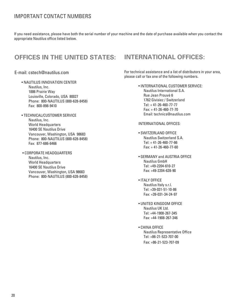 Offices in the united states, International offices, Important contact numbers | Bowflex Sport Home Gym User Manual | Page 22 / 24