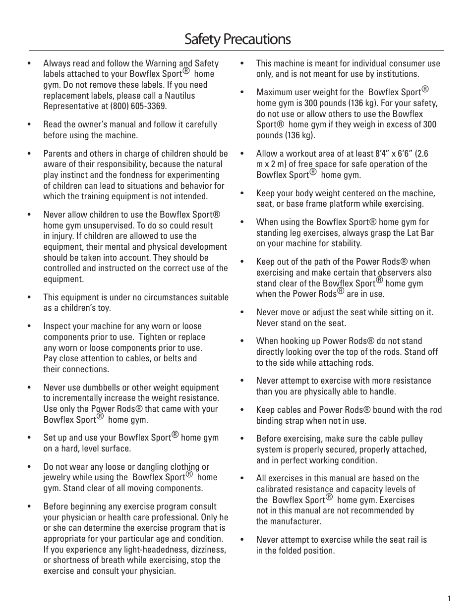 Safety precautions | Bowflex Sport Home Gym User Manual | Page 3 / 24