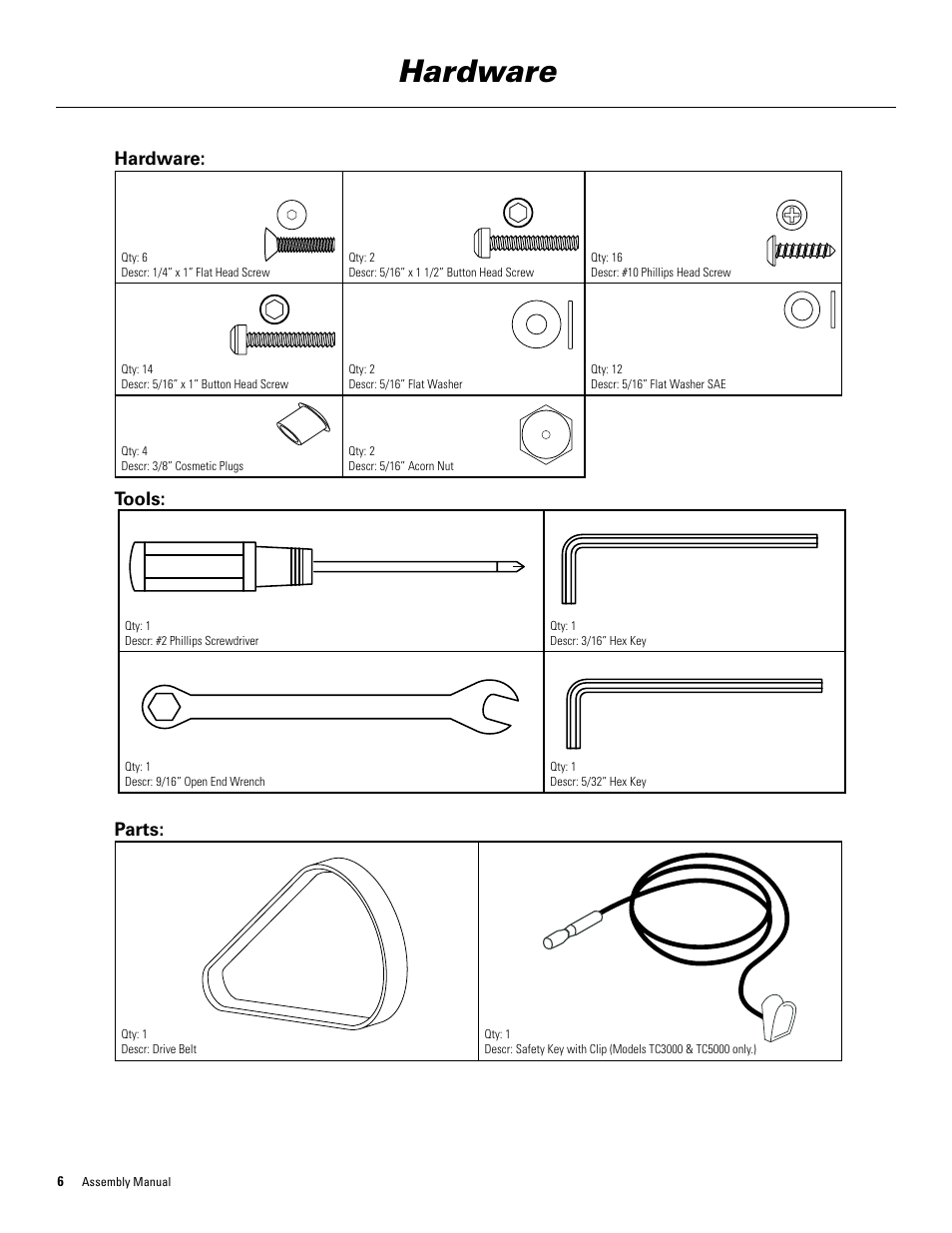 Hardware, Tools: parts | Bowflex TreadClimber 3000 User Manual | Page 10 / 28