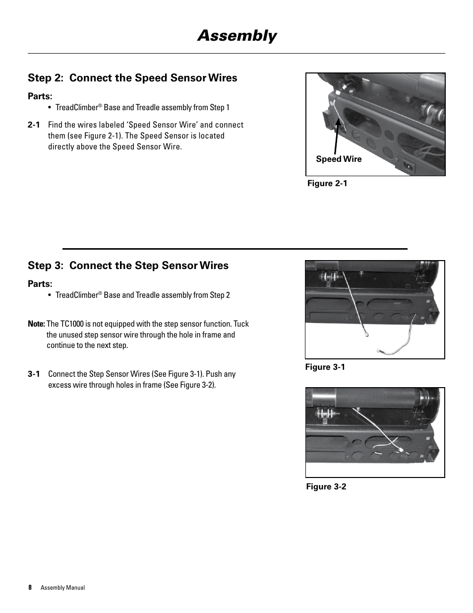 Assembly, Step 2: connect the speed sensor wires, Step 3: connect the step sensor wires | Bowflex TreadClimber 3000 User Manual | Page 12 / 28