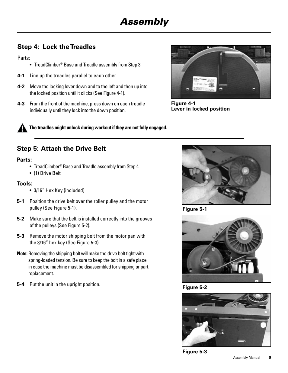 Assembly, Step 5: attach the drive belt, Step 4: lock the treadles | Bowflex TreadClimber 3000 User Manual | Page 13 / 28