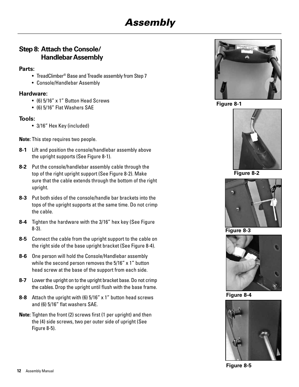 Assembly, Step 8: attach the console/ handlebar assembly | Bowflex TreadClimber 3000 User Manual | Page 16 / 28